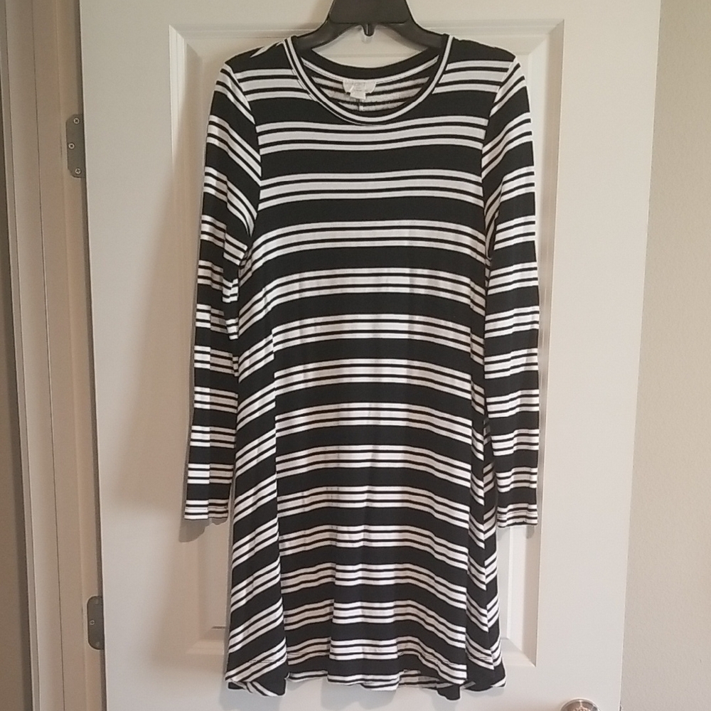 LOFT Black and White Striped Long Sleeve Dress